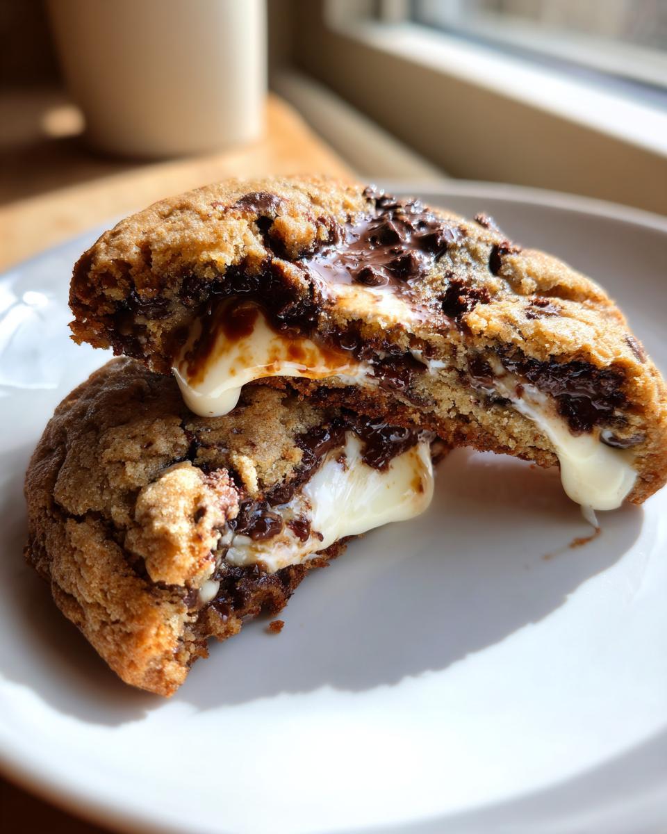 A chocolate chip cheesecake cookies halved, revealing a molten cheesecake center and melted chocolate chips.