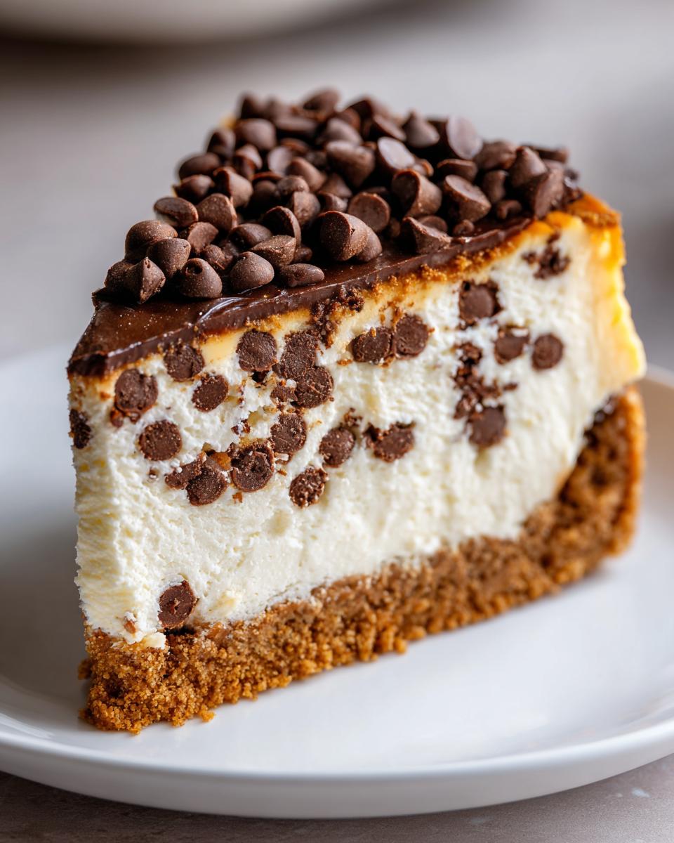 A decadent slice of chocolate chip cheesecake featuring a graham cracker crust, creamy filling with chips inside, and topped with chocolate ganache and more chocolate chips.