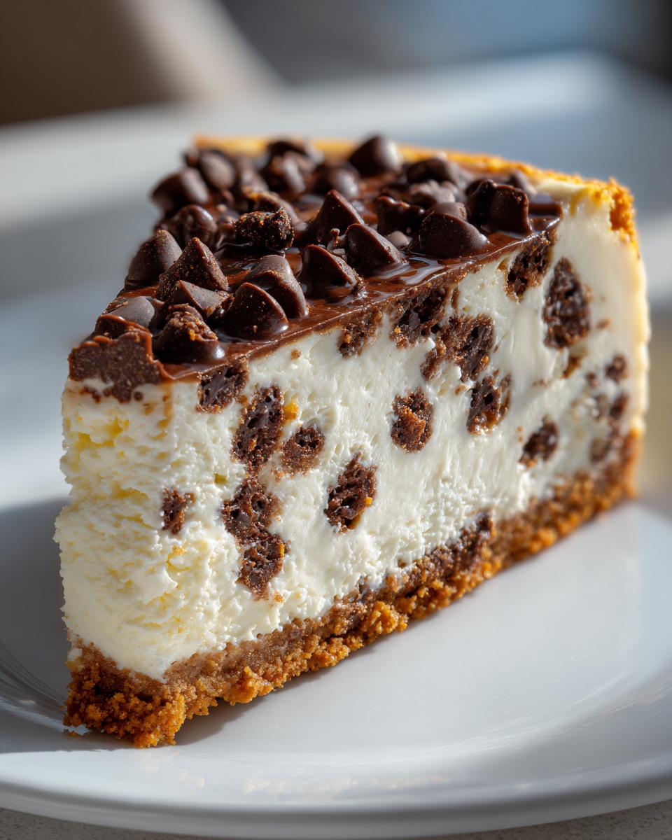 A close-up slice of decadent chocolate chip cheesecake with a graham cracker crust and chocolate chips throughout the filling.