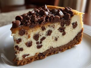 A close-up slice of creamy chocolate chip cheesecake studded with chips and topped with more chocolate chips.
