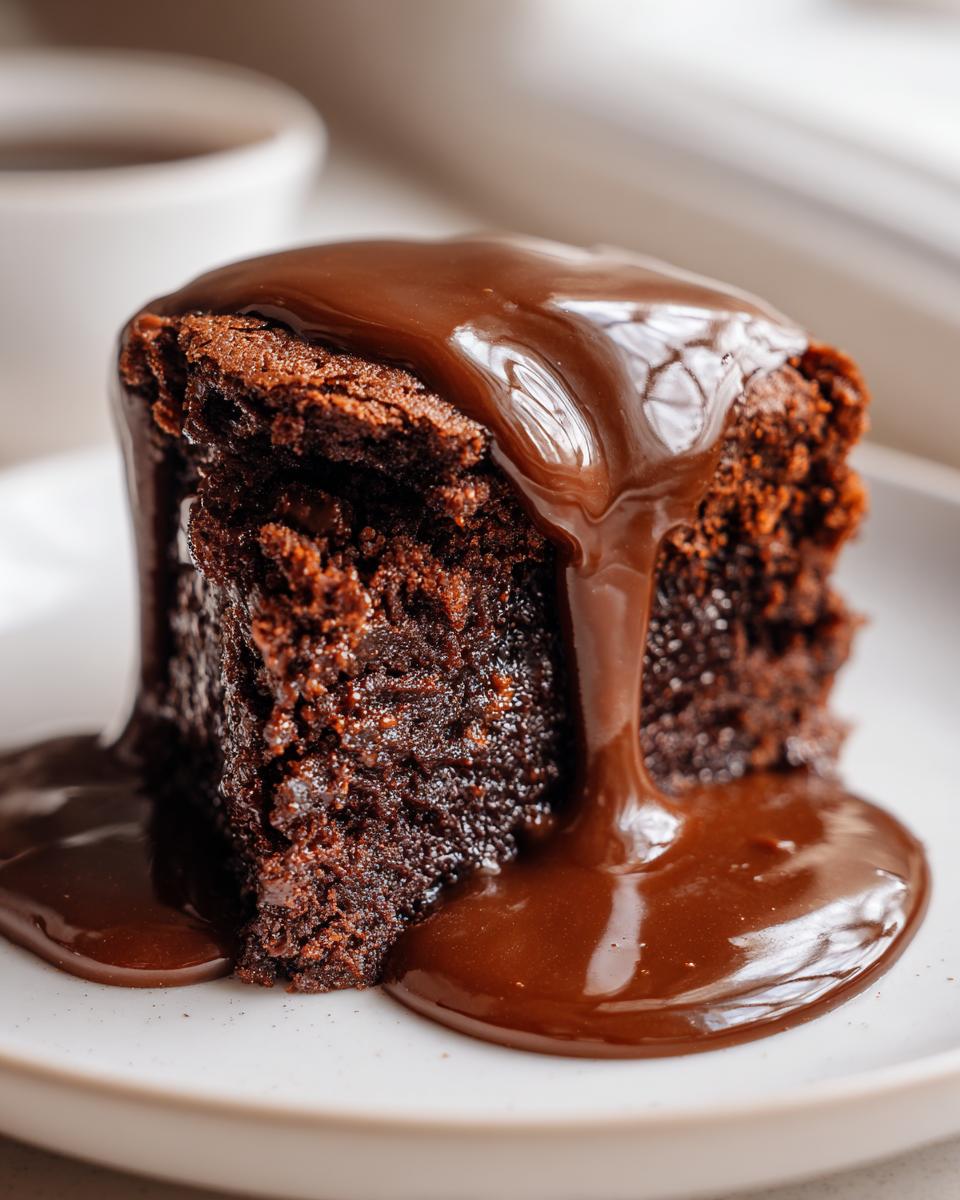 Close-up of a moist slice of chocolate pudding cake generously covered in rich, glossy chocolate sauce.