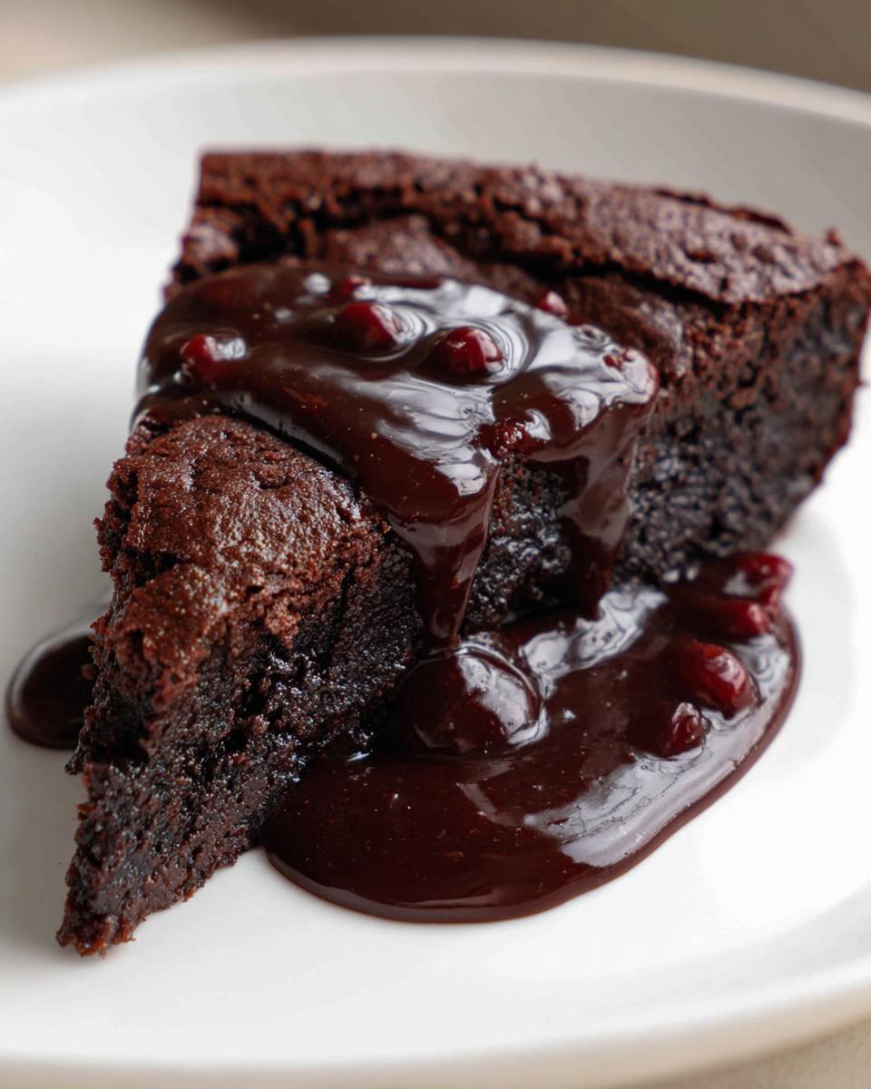 A decadent slice of chocolate pudding cake smothered in dark chocolate sauce and cherries.