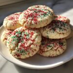 A stack of soft, round christmas sprinkle sugar cookies topped with red and green sprinkles on a white plate.