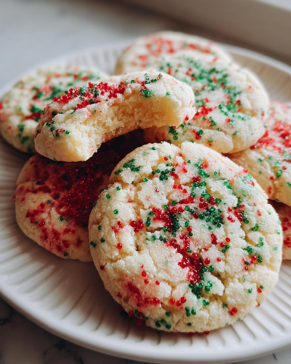 A stack of soft, chewy christmas sprinkle sugar cookies topped with red and green nonpareils, one cookie has a bite taken out.