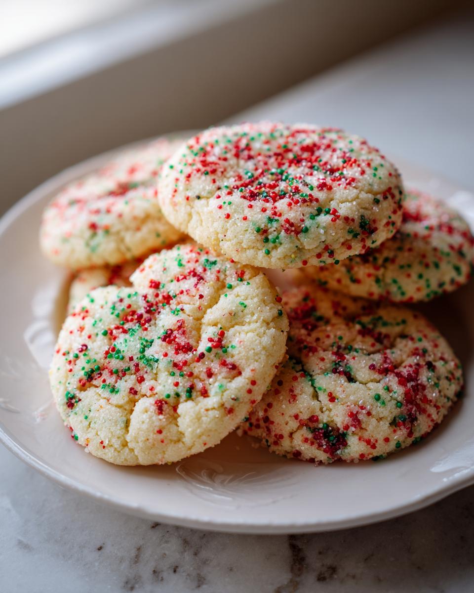 A close-up of several soft christmas sprinkle sugar cookies topped with red and green holiday sprinkles on a white plate.