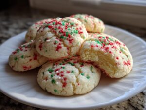 A stack of soft, round christmas sprinkle sugar cookies topped with red and green sprinkles on a white plate.