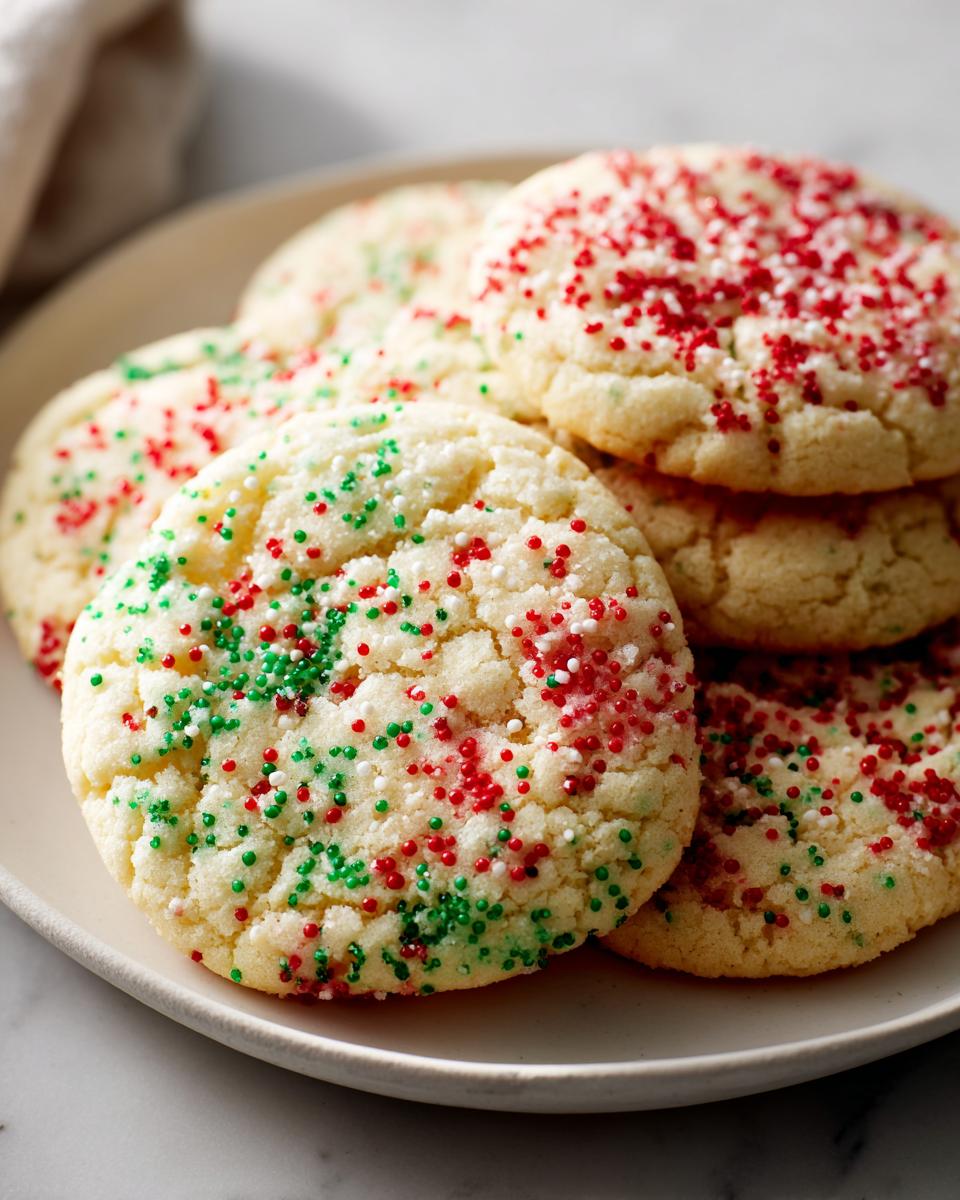 A stack of soft, round christmas sprinkle sugar cookies topped with red, green, and white sprinkles on a light plate.