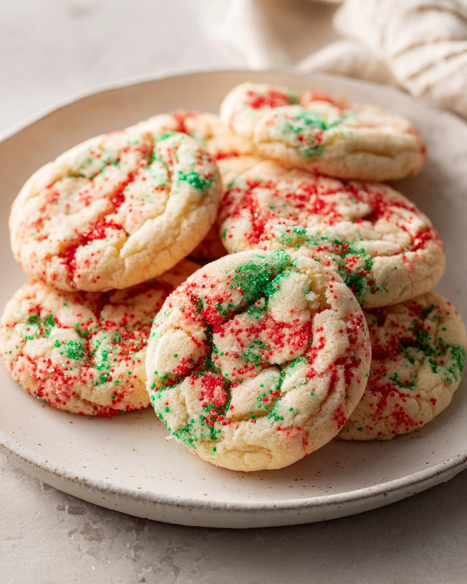 A stack of soft, chewy christmas sprinkle sugar cookies topped with red and green sanding sugar.