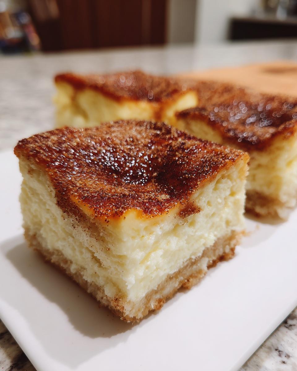 A square slice of creamy churro cheesecake topped with a caramelized cinnamon sugar crust.