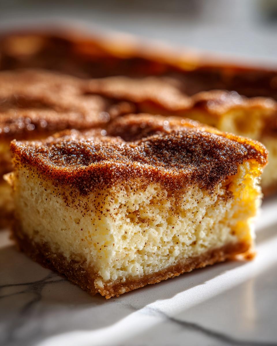 A close-up, sunlit shot of a single square of creamy churro cheesecake with a thick cinnamon-sugar topping.