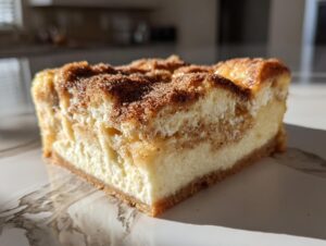 Close-up of a rich, creamy slice of churro cheesecake topped generously with cinnamon sugar.