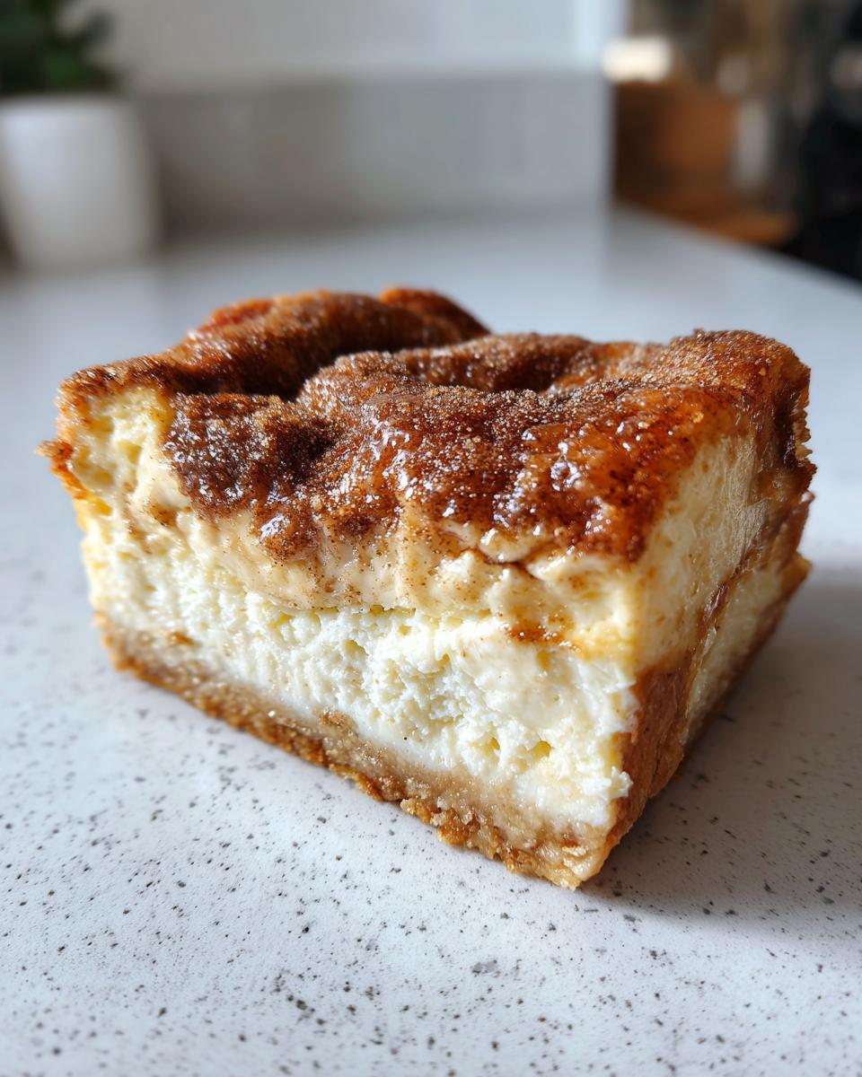Close-up of a square slice of amazing churro cheesecake showing a thick cream cheese layer and a cinnamon-sugar topping.