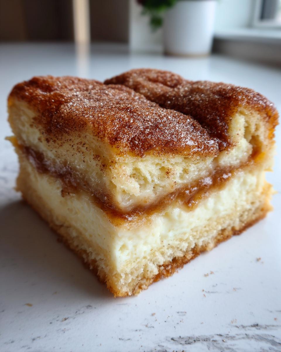 A thick square slice of amazing churro cheesecake showing layers of crust, creamy filling, and cinnamon sugar topping.