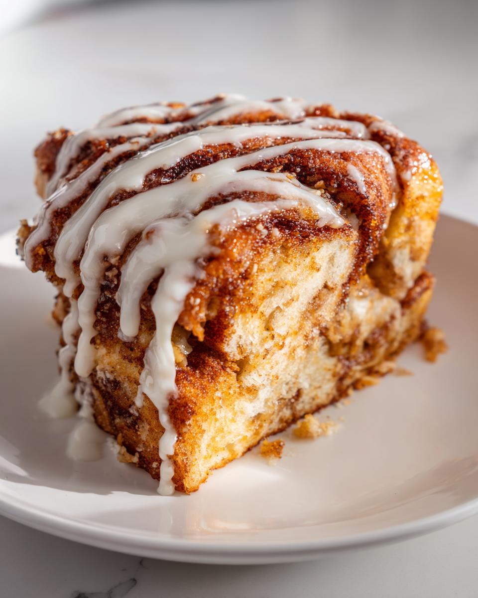 Close-up of a square slice of cinnamon roll apple pie topped with thick white icing drizzle.