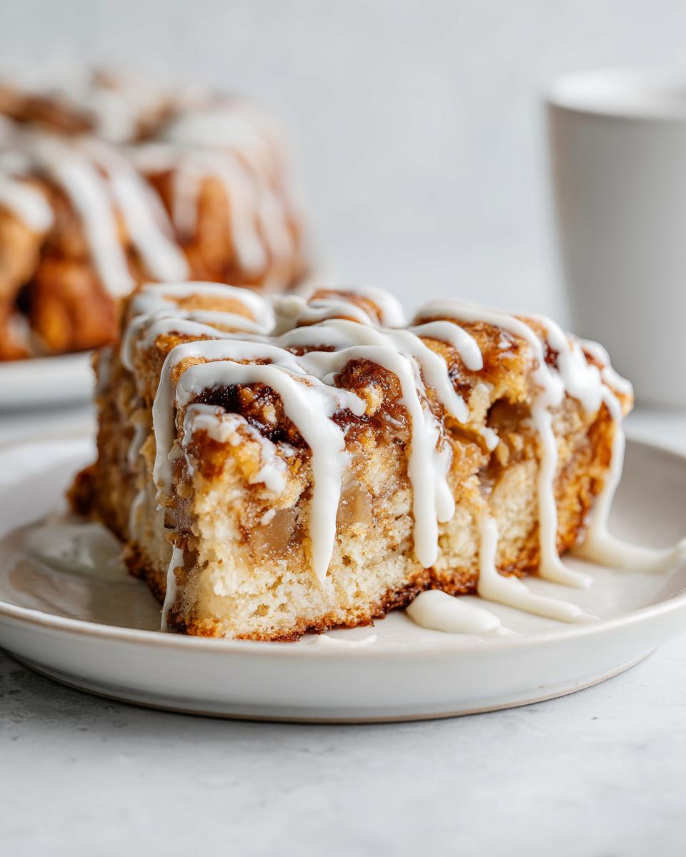 Close-up of a moist slice of cinnamon roll apple pie topped generously with white cream cheese icing.