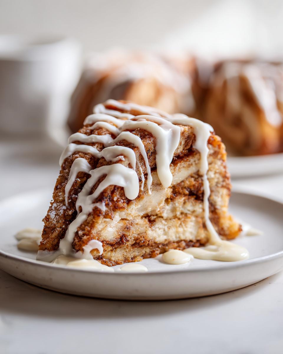 A decadent slice of cinnamon roll apple pie covered in thick white icing, served on a white plate.
