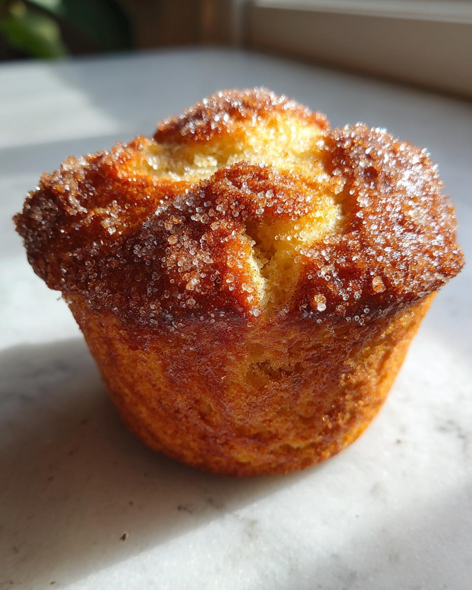 A close-up of a golden brown cinnamon sugar french toast muffin generously topped with sparkling coarse sugar crystals.