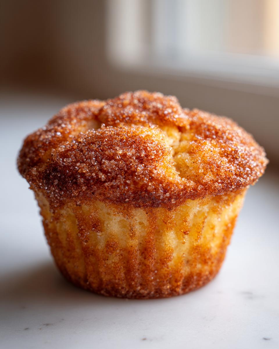 A single, golden-brown cinnamon sugar french toast muffins topped with sparkling cinnamon sugar.
