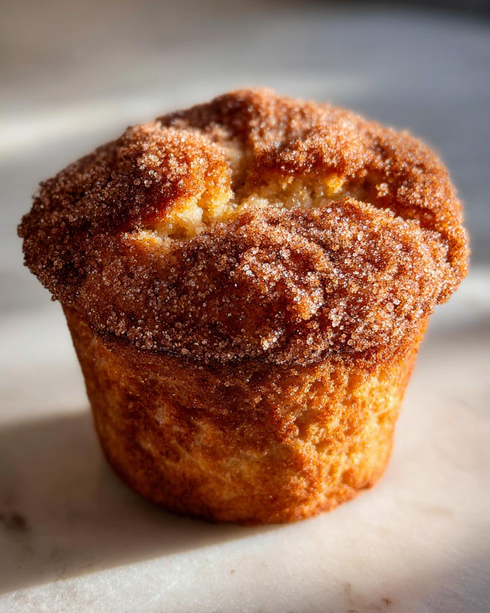Close-up of a single, golden brown cinnamon sugar french toast muffins topped with sparkling sugar crystals.
