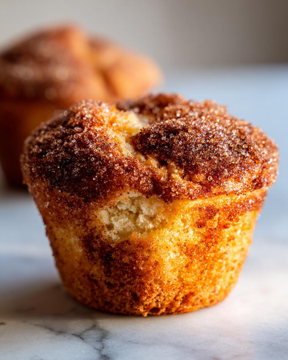 A close-up of a freshly baked cinnamon sugar french toast muffin with a crunchy sugar topping.