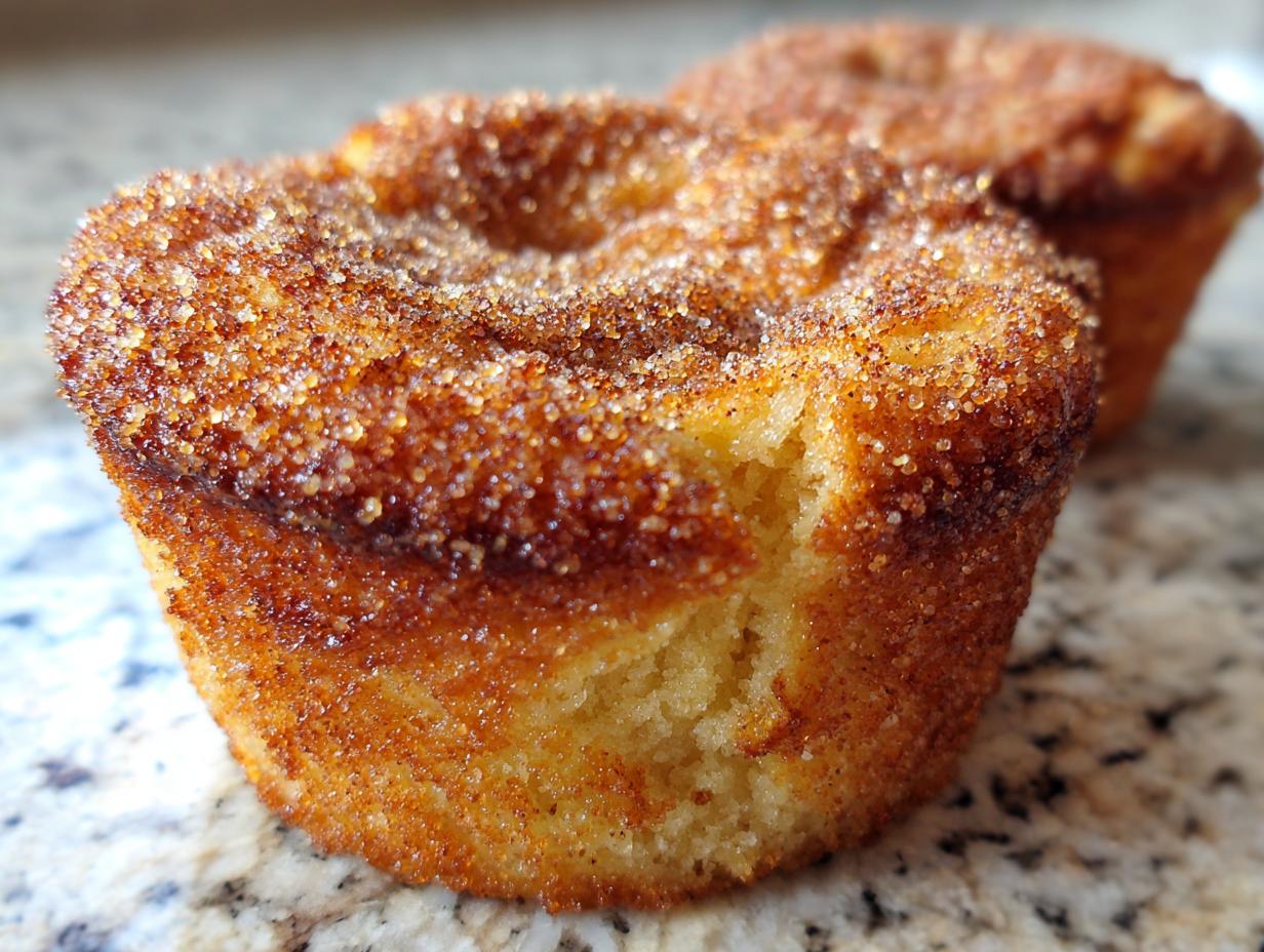 Close-up of a freshly baked cinnamon sugar french toast muffins, heavily coated in sparkling cinnamon sugar.