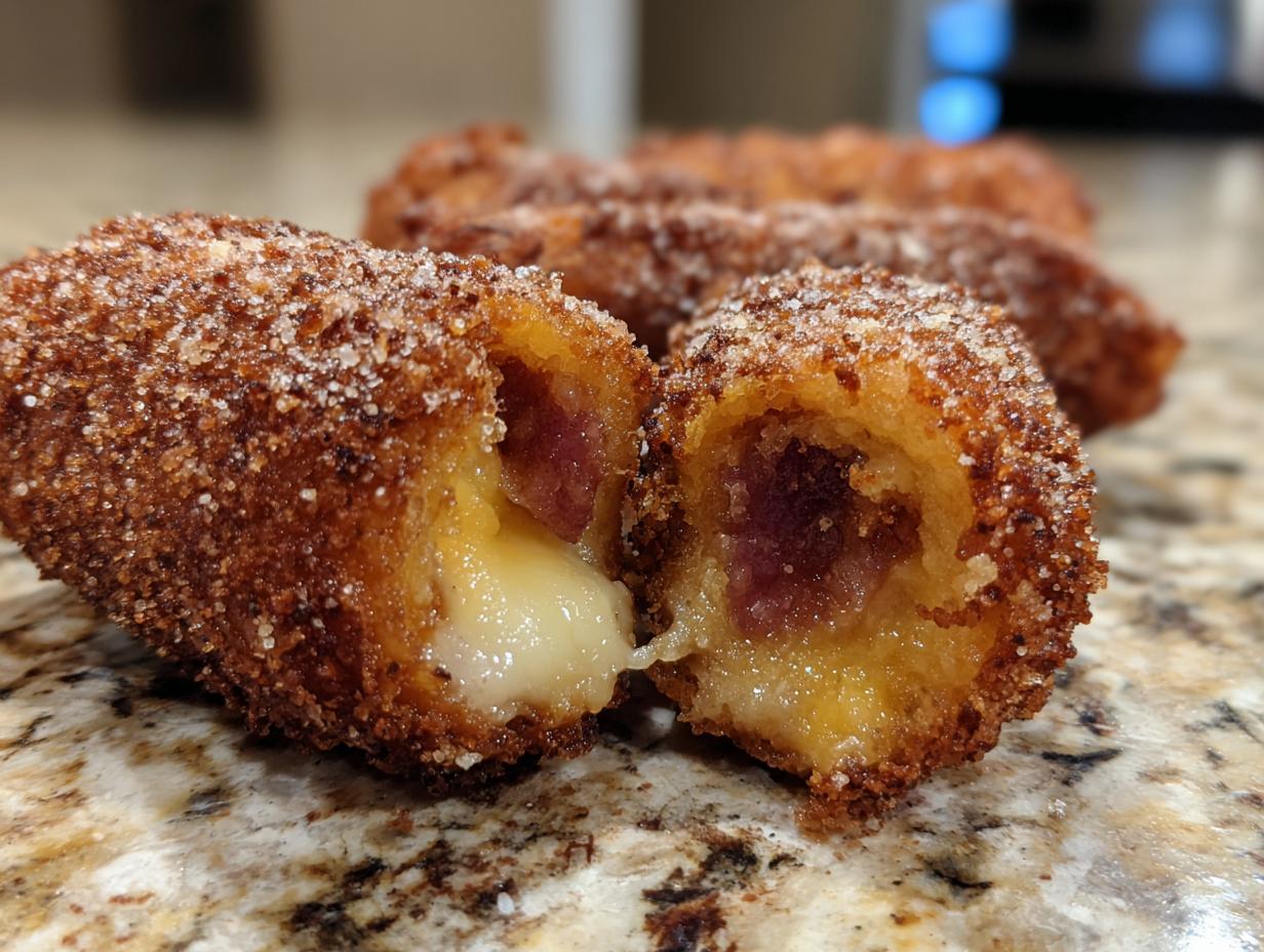 Close-up of a cinnamon sugar korean corn dog cut in half showing melted cheese and a sausage center.
