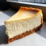 A close-up, appetizing slice of classic cheesecake recipe with a thick graham cracker crust.