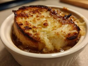 Close-up of rich french onion soup topped with a thick slice of toasted bread and melted, broiled cheese.