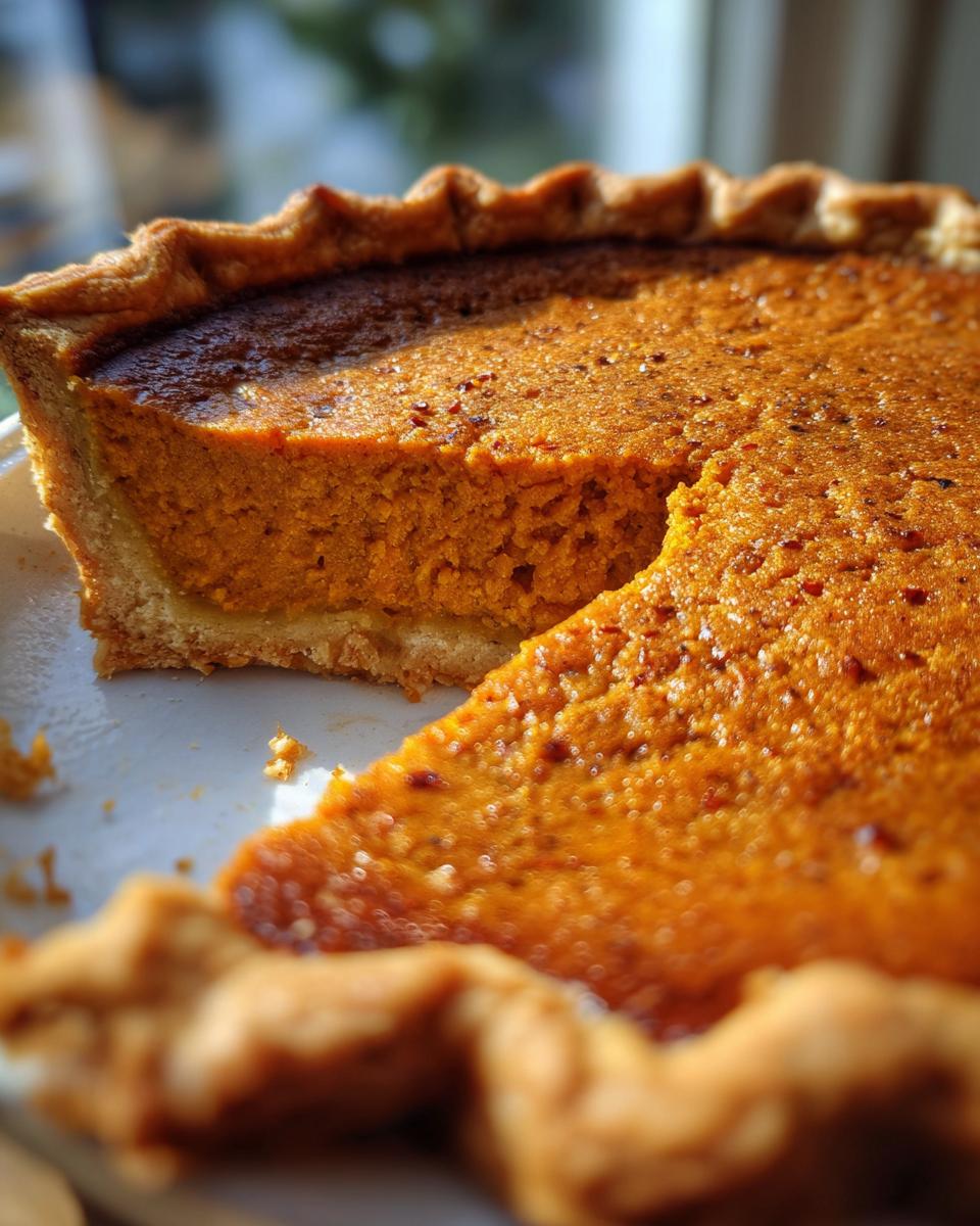 A close-up, warmly lit view of a classic pumpkin pie recipe with one slice removed, showing the rich orange filling.