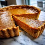 A close-up of a rich, orange slice cut from a classic pumpkin pie recipe resting on a white marble surface.