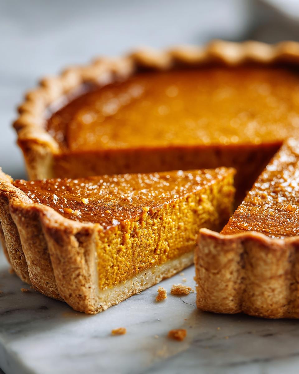 Close-up of a slice cut from a classic pumpkin pie recipe showing the rich orange filling and flaky crust.