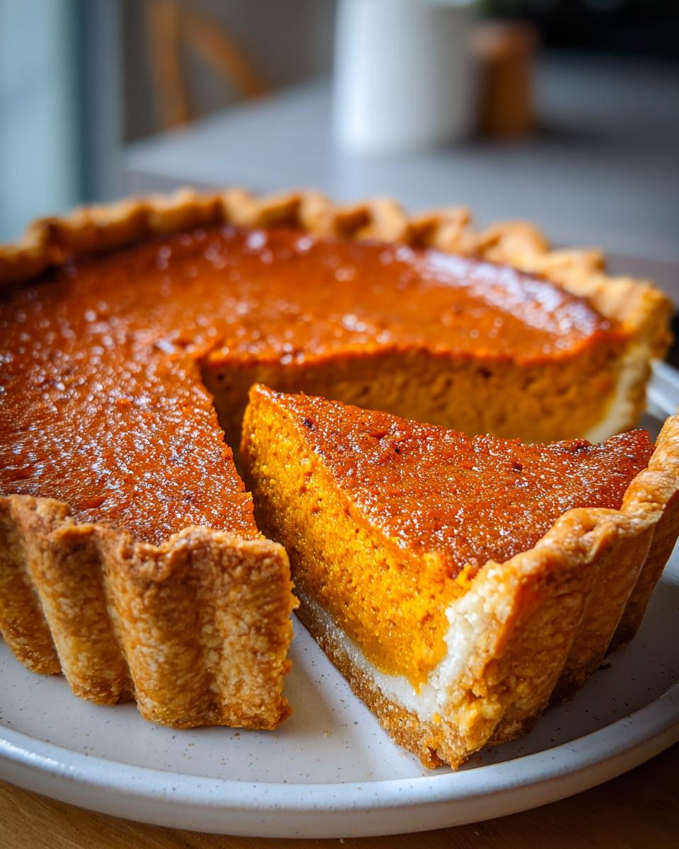 A close-up of a slice cut from a classic pumpkin pie recipe, showing the bright orange filling and flaky crust.