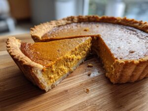 A close-up view of a classic pumpkin pie recipe with one slice cut out, resting on a wooden cutting board.