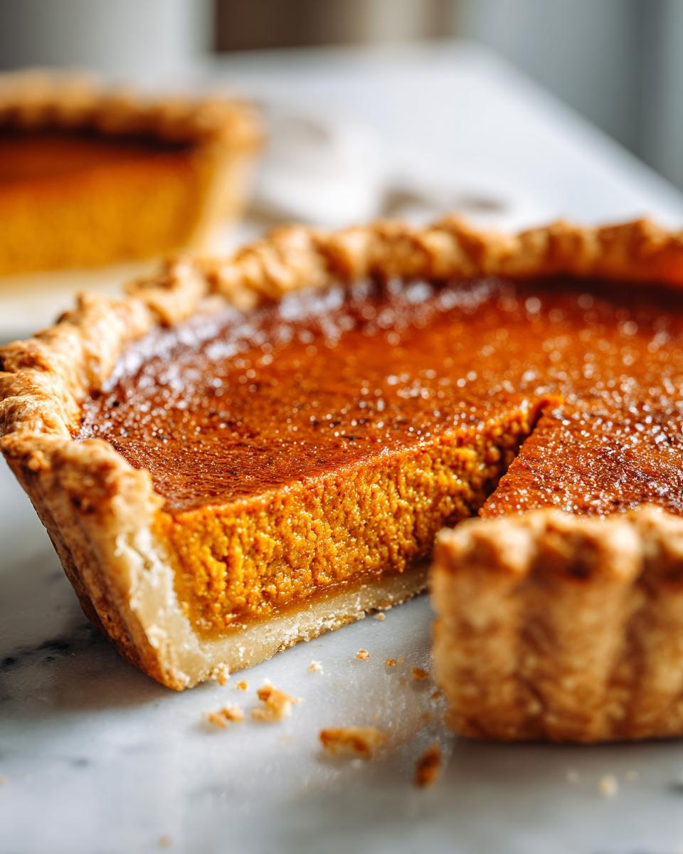 A close-up shot of a slice cut from a classic pumpkin pie recipe showing the rich orange filling and flaky crust.