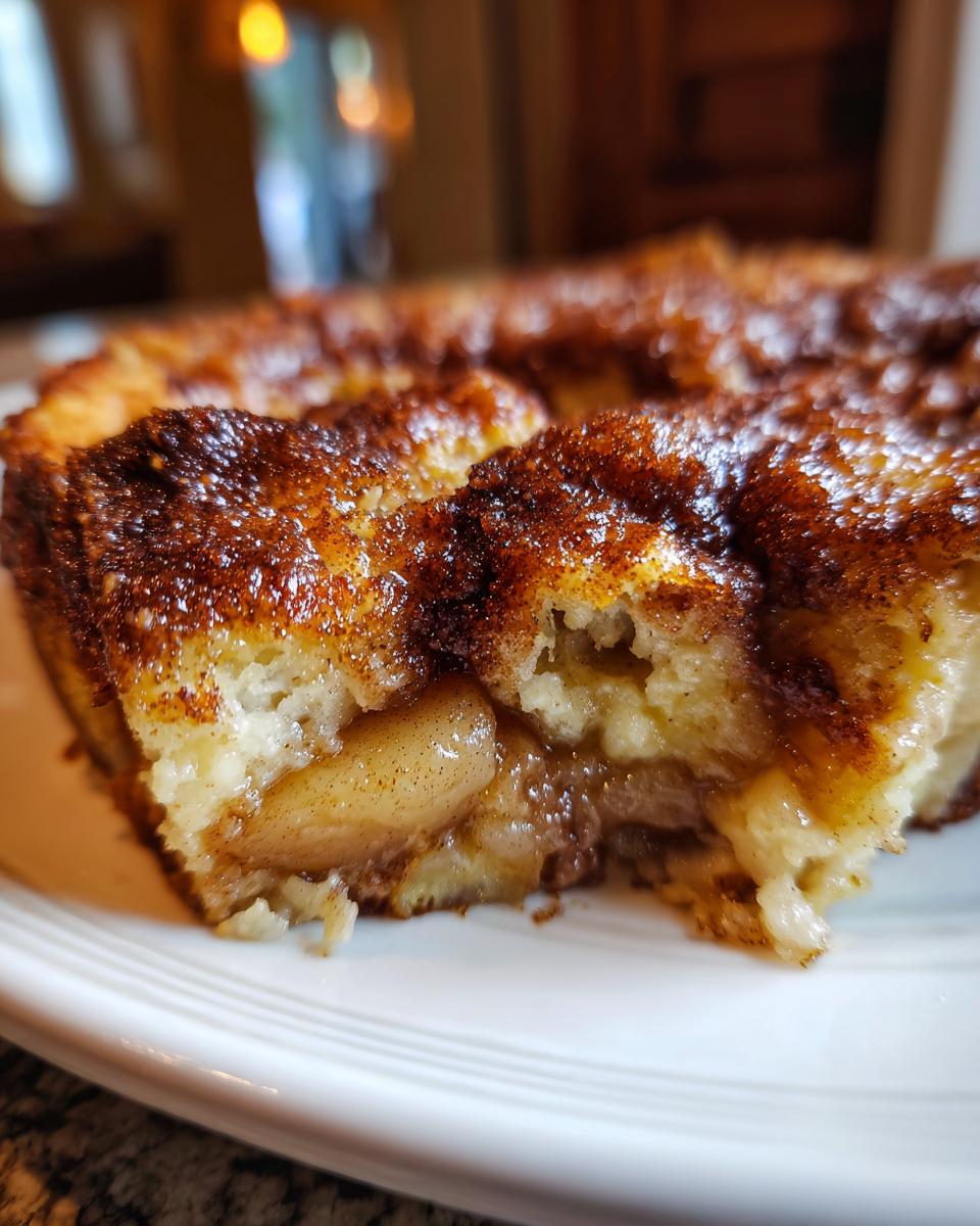 Close-up of a slice of warm apple cobbler showing soft baked apples and a rich, dark cinnamon-sugar topping.