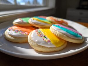 Several round sugar cookies decorated with vibrant, hard-drying sugar cookie icing in yellow, orange, and blue/pink stripes.