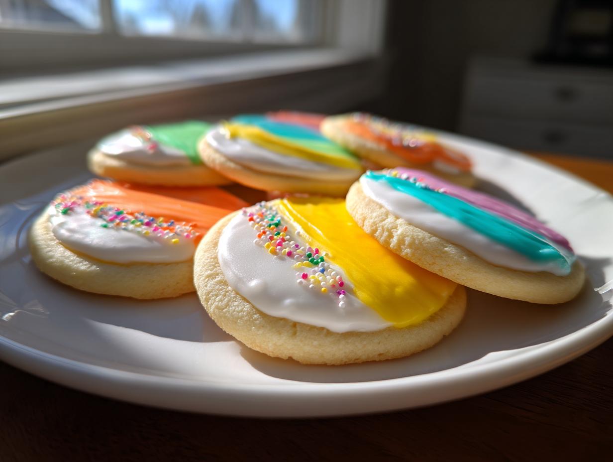 Several round sugar cookies decorated with vibrant, hard-drying sugar cookie icing in yellow, orange, and blue/pink stripes.