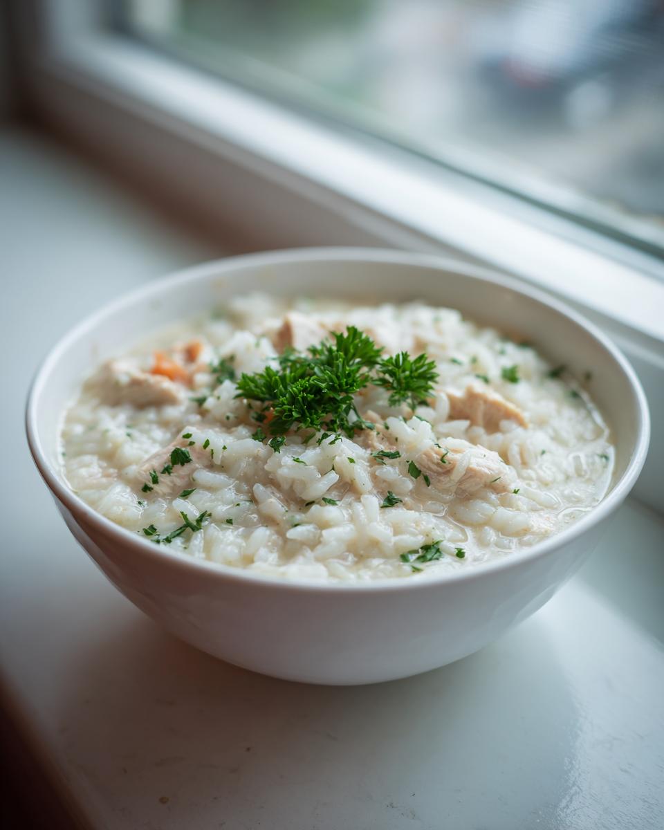 A close-up of a white bowl filled with creamy rice soup containing shredded chicken and garnished with fresh parsley.