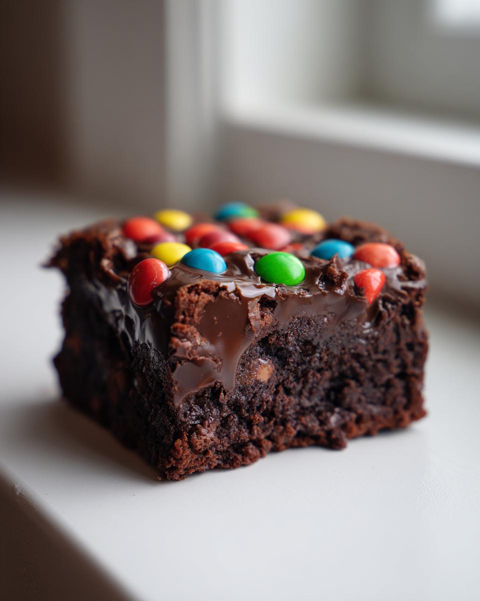 Close-up of a fudgy square cosmic brownie topped with melted chocolate glaze and colorful candy-coated chocolates.