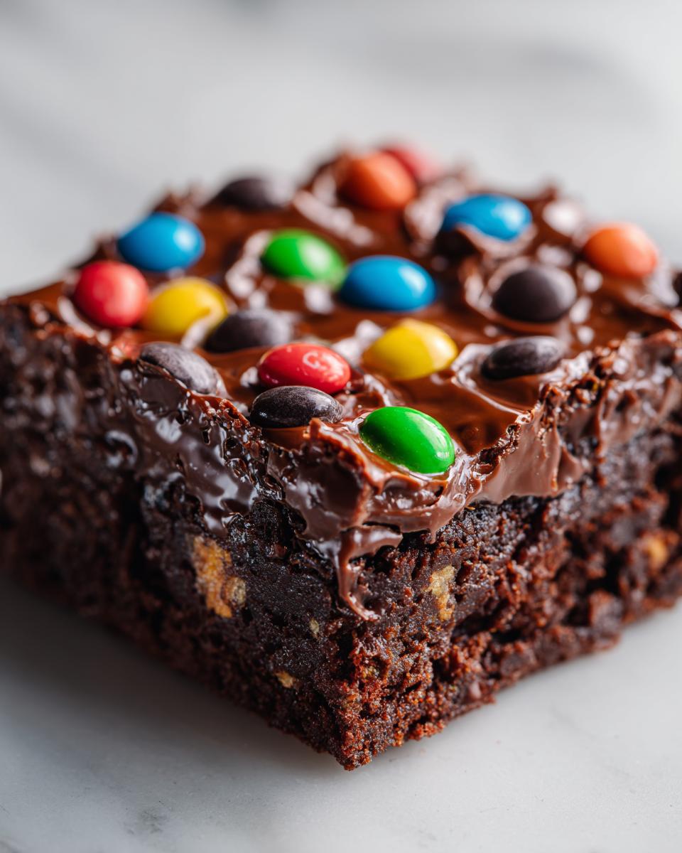 A close-up of a rich, fudgy square of cosmic brownies topped with melted chocolate frosting and colorful candy-coated chocolates.