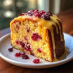 A moist slice of cranberry orange cake topped with thick orange glaze and dried cranberries.