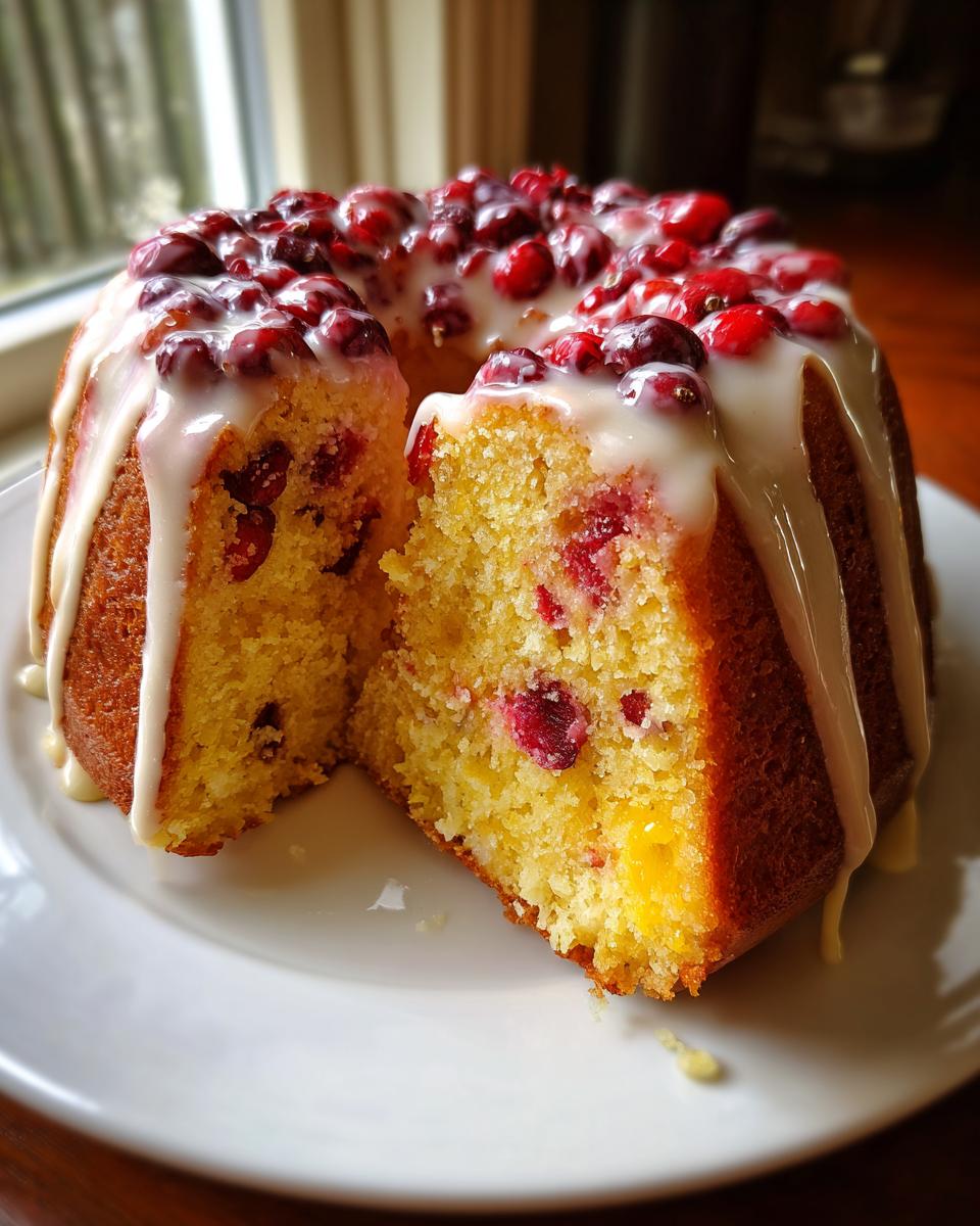 A slice cut from a bundt-style cranberry orange cake, showing the yellow crumb studded with cranberries and topped with white glaze.
