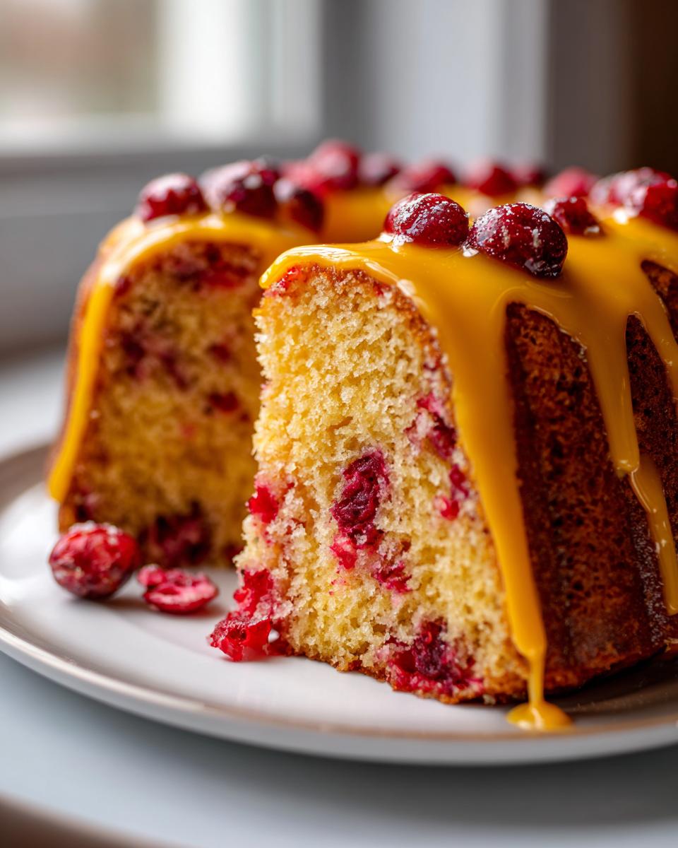 Close-up of a slice cut from a cranberry orange cake, drizzled with orange glaze and topped with cranberries.