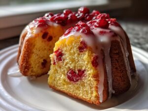 Close-up of a slice of cranberry orange cake, drizzled with white glaze and topped with whole cranberries.