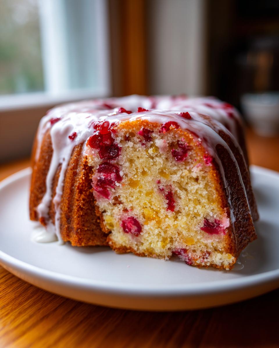Close-up of a slice cut from a cranberry orange cake, showing cranberries and a white glaze.