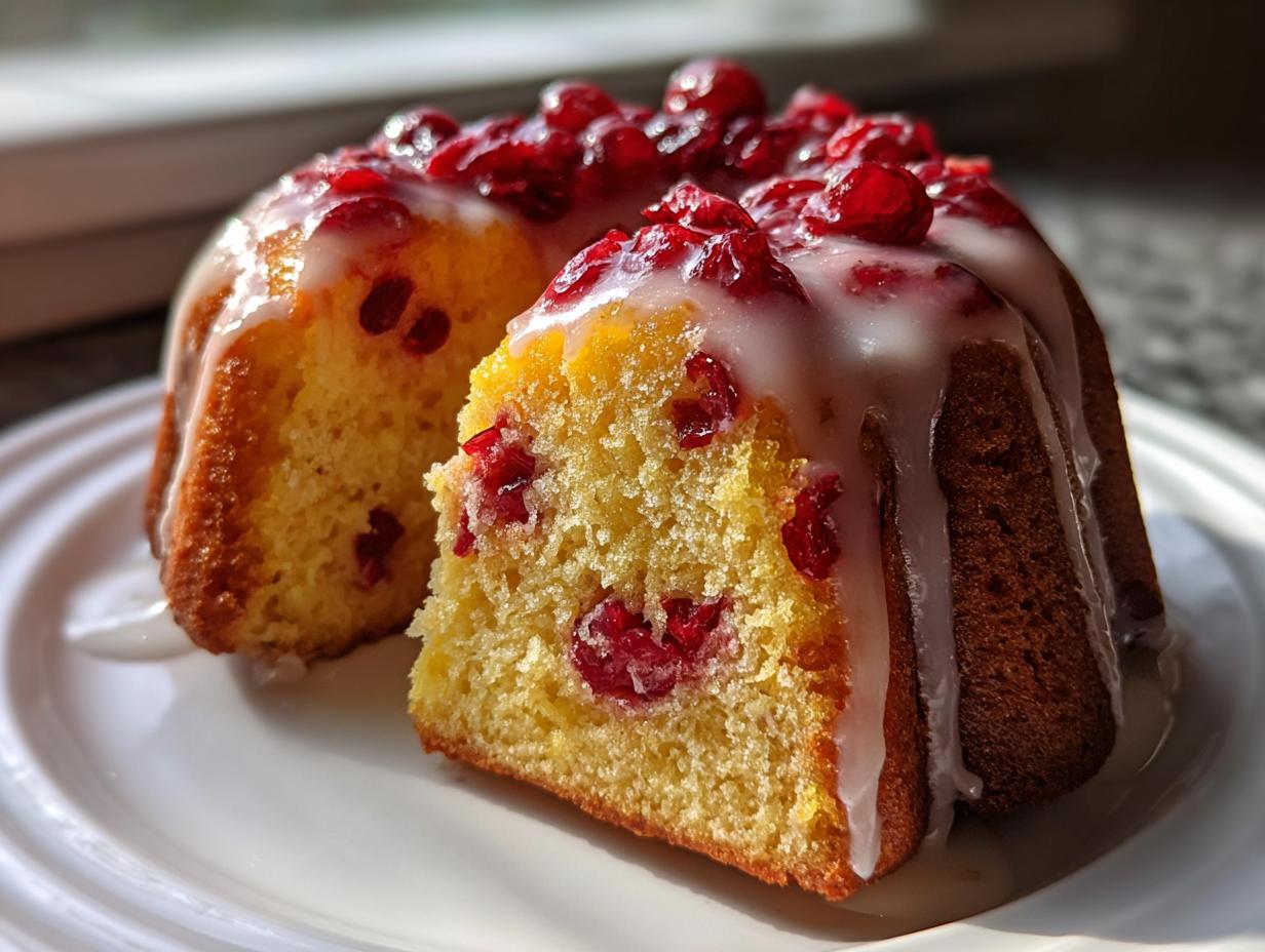 Close-up of a slice of cranberry orange cake, drizzled with white glaze and topped with whole cranberries.
