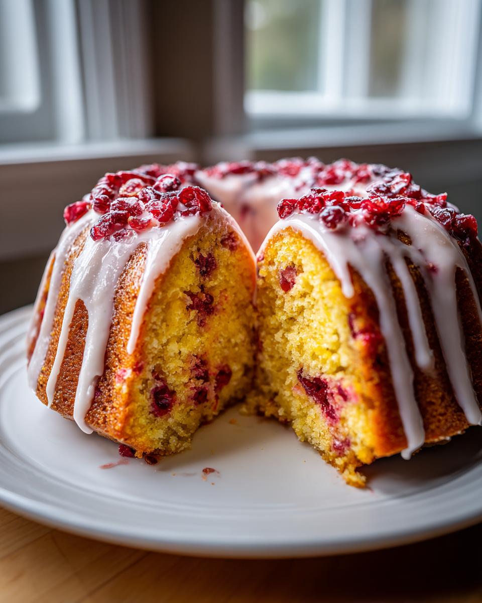 A slice cut from a bundt-style cranberry orange cake, drizzled with white glaze and topped with dried cranberries.