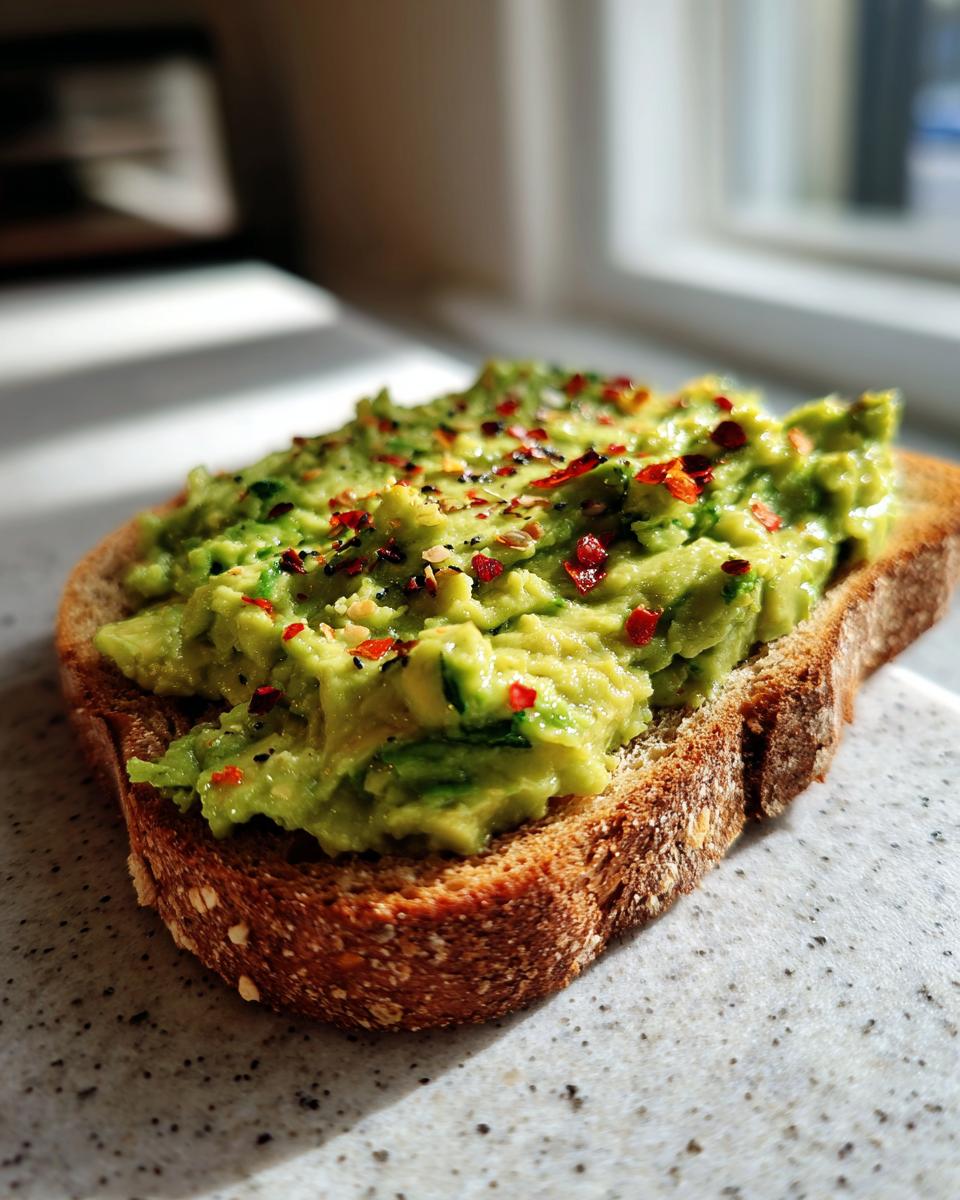 Close-up of creamy avocado toast on whole grain bread, topped generously with red chili flakes.