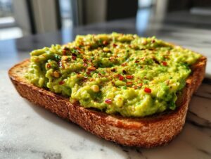 Close-up of creamy avocado toast topped generously with red chili flakes and herbs.