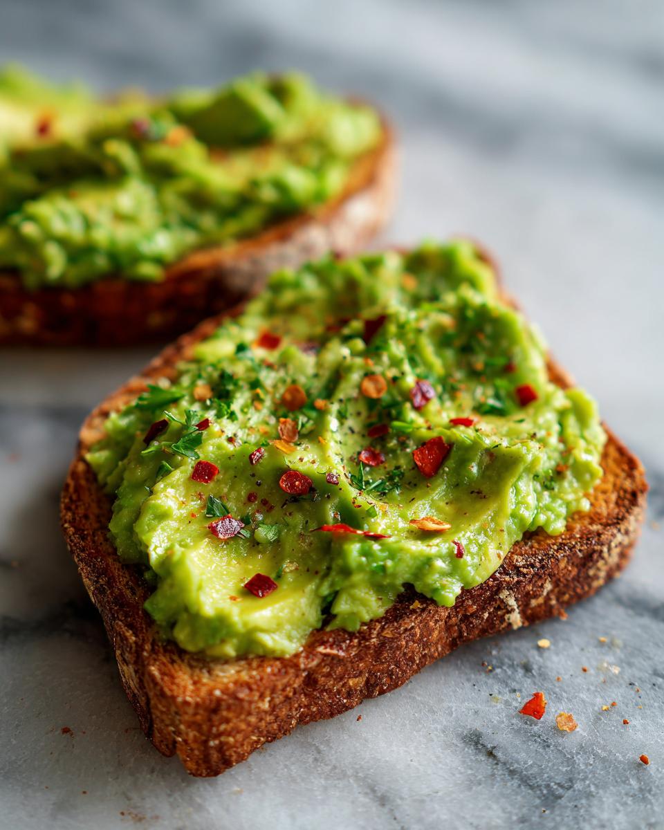 Close-up of creamy avocado toast topped with red chili flakes and fresh herbs on marble.